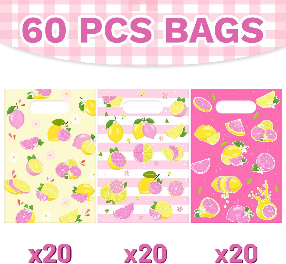 60 PCS Pink Lemon Party Gift Bags, Lemon Party Favors Bags Waterproof Plastic Goodie Bags for Lemon Birthday Party Decorations Supplies Gifts