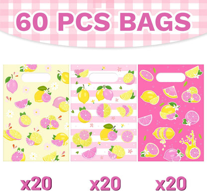 60 PCS Pink Lemon Party Gift Bags, Lemon Party Favors Bags Waterproof Plastic Goodie Bags for Lemon Birthday Party Decorations Supplies Gifts