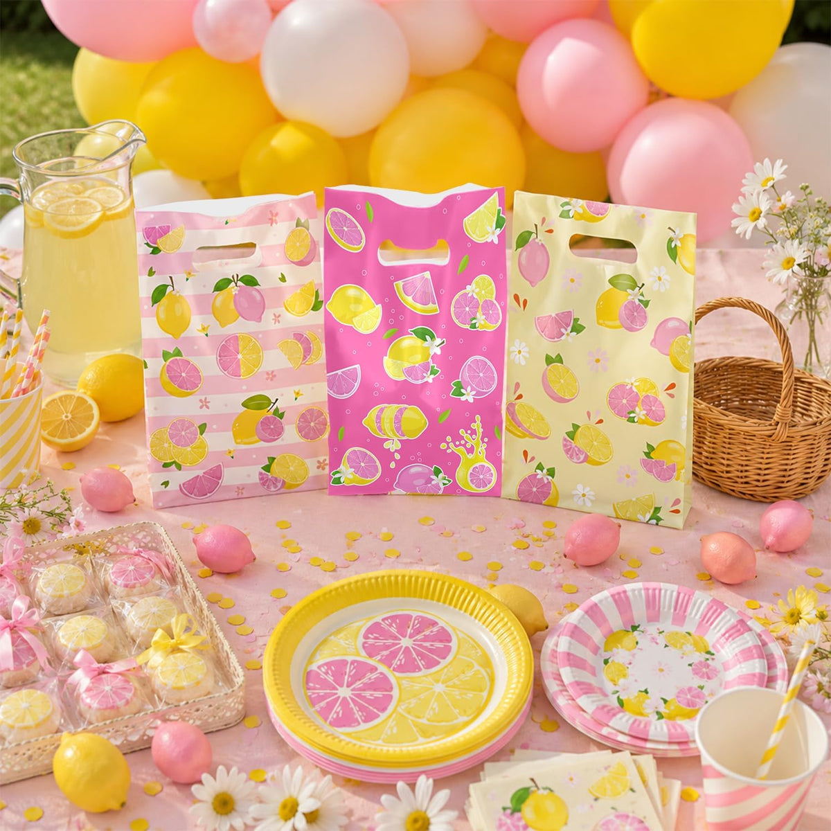 60 PCS Pink Lemon Party Gift Bags, Lemon Party Favors Bags Waterproof Plastic Goodie Bags for Lemon Birthday Party Decorations Supplies Gifts