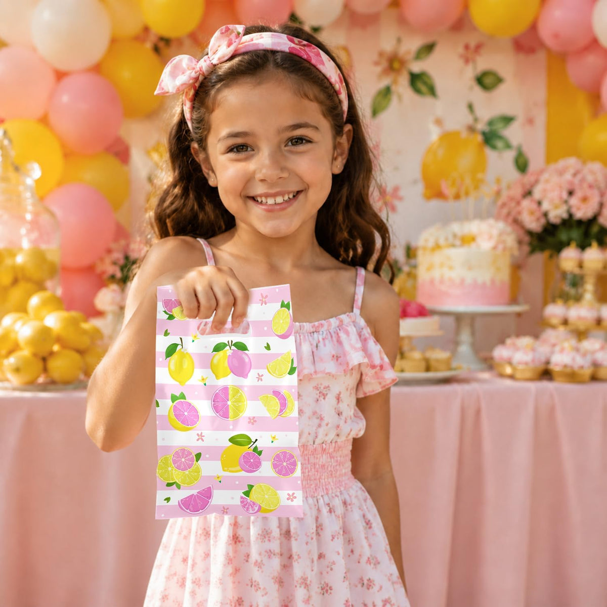 60 PCS Pink Lemon Party Gift Bags, Lemon Party Favors Bags Waterproof Plastic Goodie Bags for Lemon Birthday Party Decorations Supplies Gifts