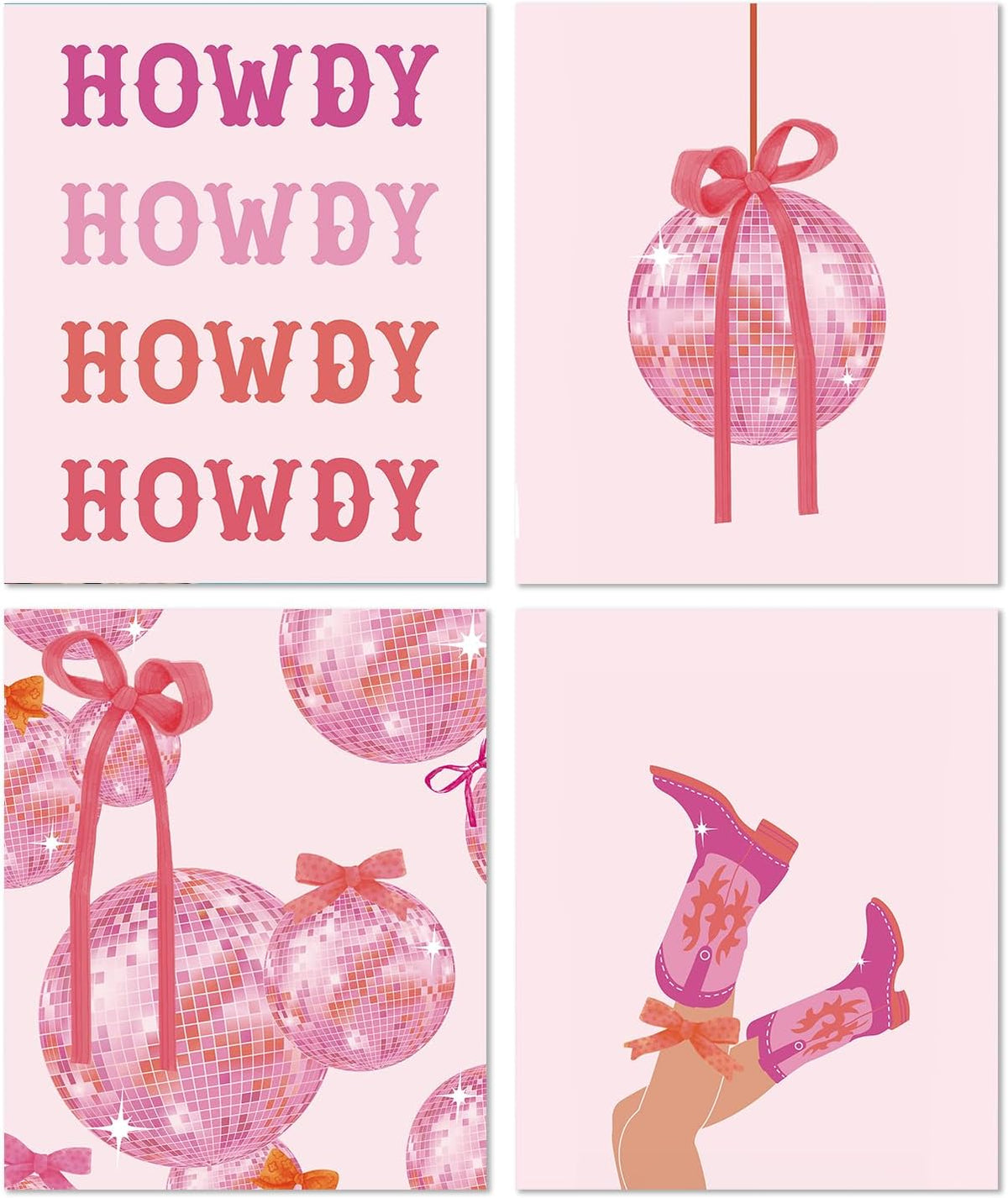 Pink Preppy Bows Western Diamond Art Kits 4 Pack 10x11.8 Inch, Cowgirl Room Decor Trendy Coquette Pink Bow Disco Ball Howdy DIY Diamond Gem Painting Art Kits for Girls Kids Adults Beginners