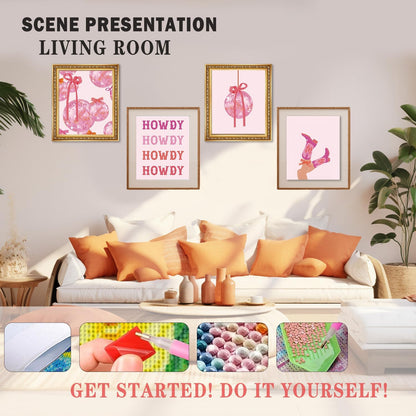 Pink Preppy Bows Western Diamond Art Kits 4 Pack 10x11.8 Inch, Cowgirl Room Decor Trendy Coquette Pink Bow Disco Ball Howdy DIY Diamond Gem Painting Art Kits for Girls Kids Adults Beginners