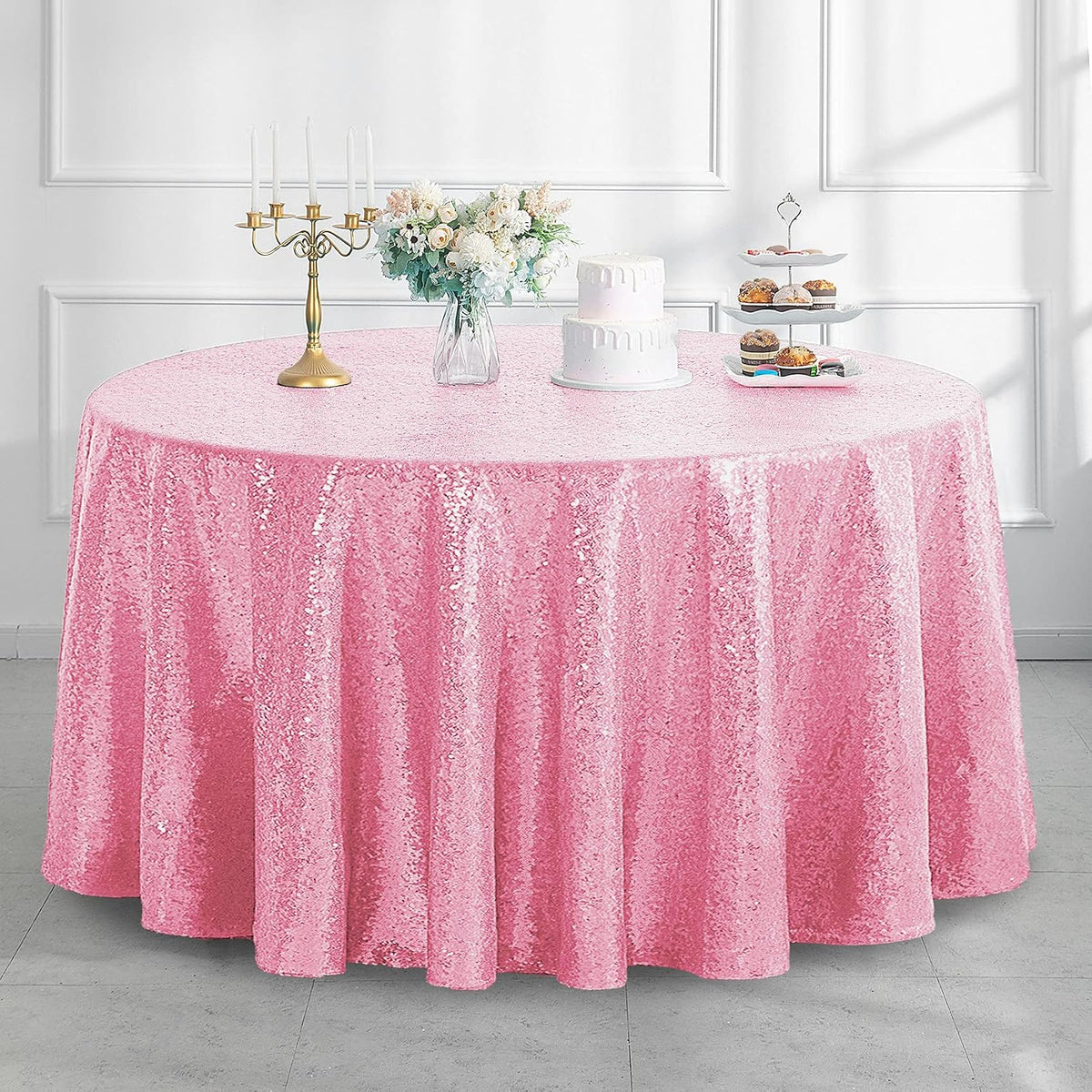 50" Round Pink Sequin Tablecloth Glitter Pink Table Cloths for Birthday Wedding Bridal Baby Shower Party Decorations