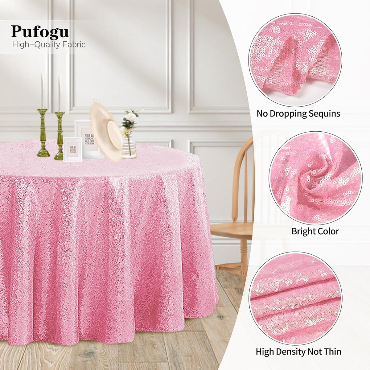 50" Round Pink Sequin Tablecloth Glitter Pink Table Cloths for Birthday Wedding Bridal Baby Shower Party Decorations