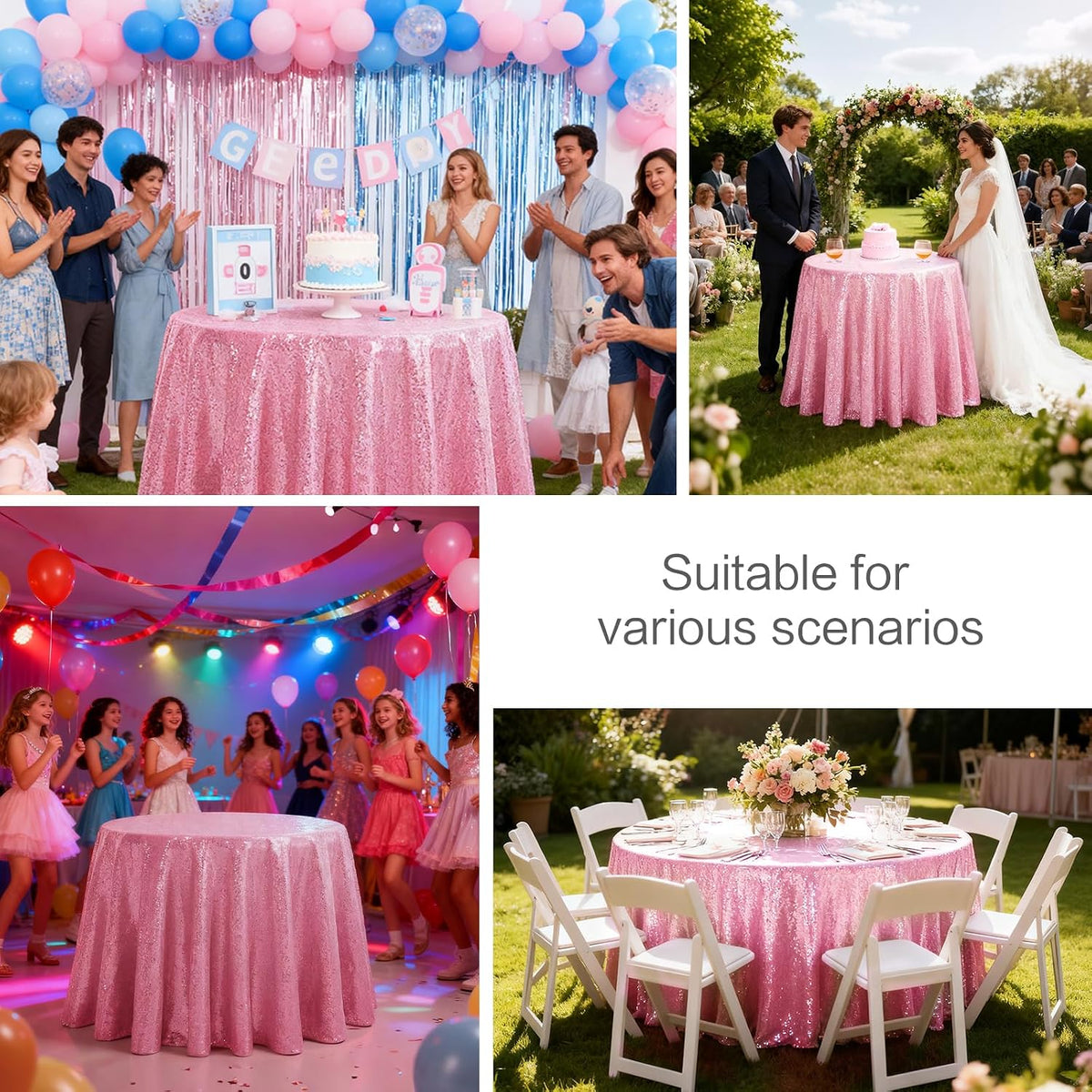 50" Round Pink Sequin Tablecloth Glitter Pink Table Cloths for Birthday Wedding Bridal Baby Shower Party Decorations