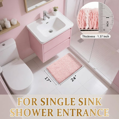 Pink&White Bathroom Rugs Non Slip Washable 24x17, Small Plush Bath Mat