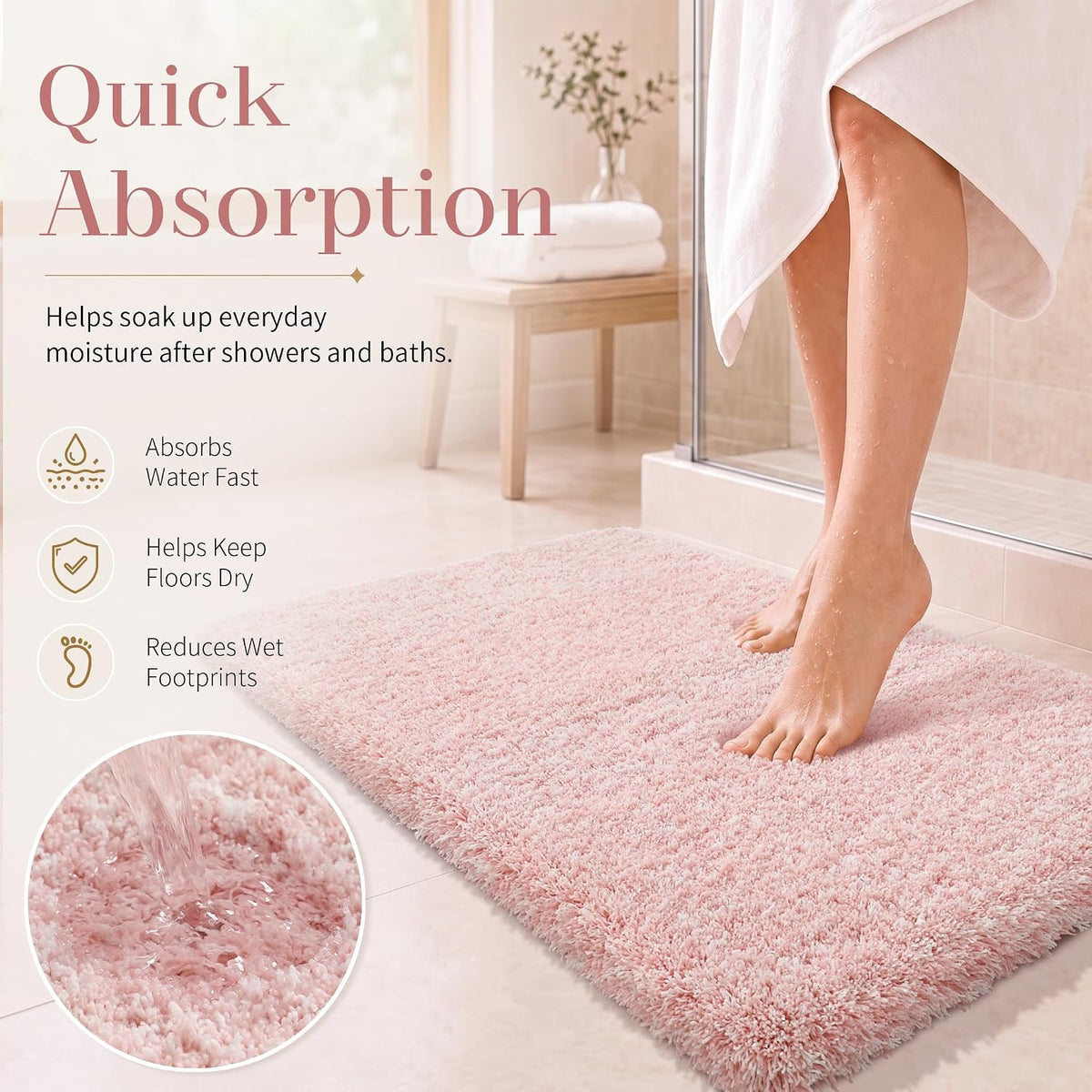 Pink&White Bathroom Rugs Non Slip Washable 24x17, Small Plush Bath Mat