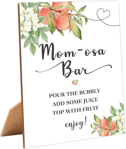 White Floral Peach Mom-osa Bar Sign for Baby Shower, 1 Pack Wooden Sign with Stand Tabletop Decor, Baby Shower Drinks Table Sign, Baby Shower Decoration, Gender Neutral Party Supplies - LE09