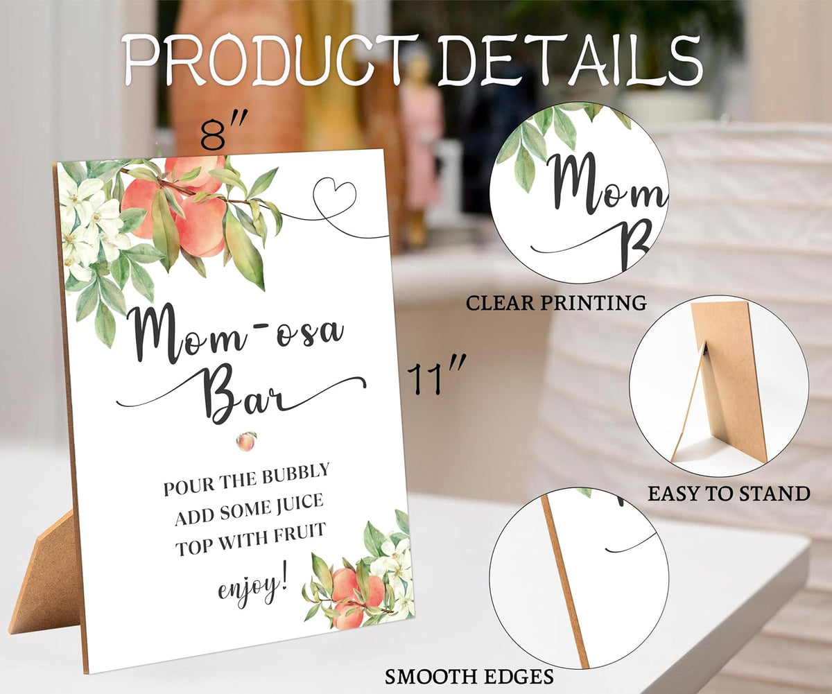 White Floral Peach Mom-osa Bar Sign for Baby Shower, 1 Pack Wooden Sign with Stand Tabletop Decor, Baby Shower Drinks Table Sign, Baby Shower Decoration, Gender Neutral Party Supplies - LE09