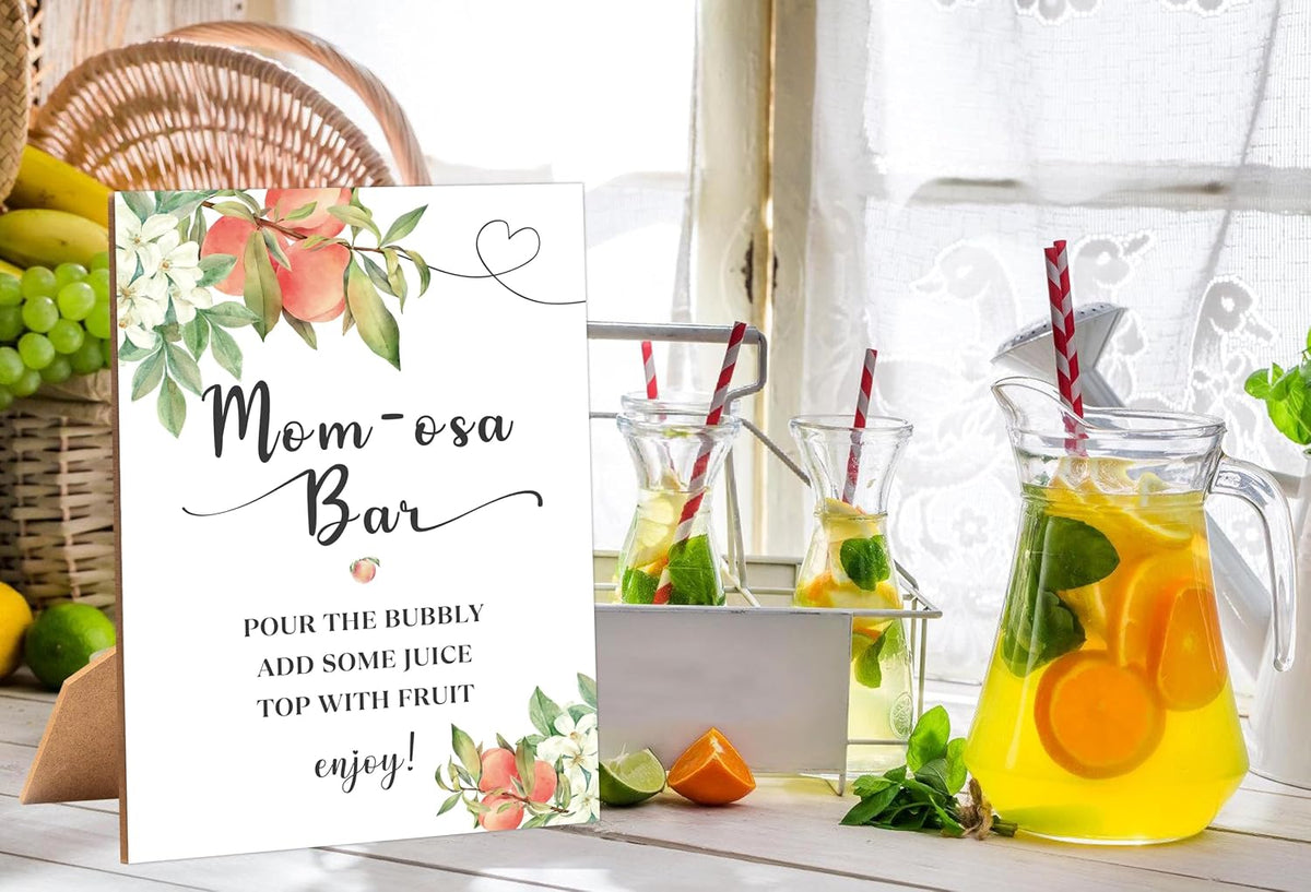 White Floral Peach Mom-osa Bar Sign for Baby Shower, 1 Pack Wooden Sign with Stand Tabletop Decor, Baby Shower Drinks Table Sign, Baby Shower Decoration, Gender Neutral Party Supplies - LE09