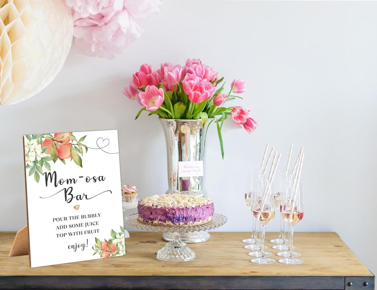 White Floral Peach Mom-osa Bar Sign for Baby Shower, 1 Pack Wooden Sign with Stand Tabletop Decor, Baby Shower Drinks Table Sign, Baby Shower Decoration, Gender Neutral Party Supplies - LE09