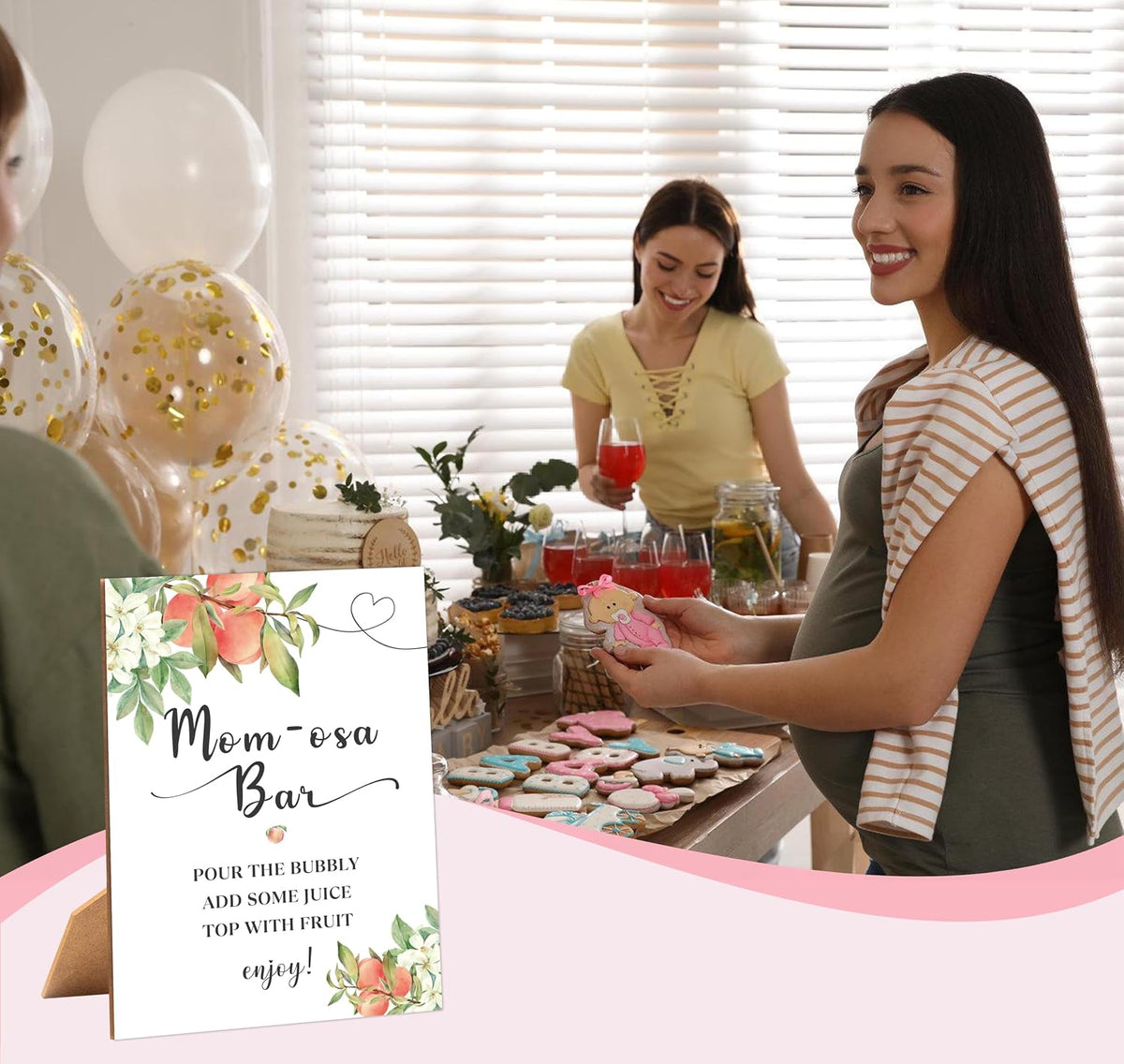 White Floral Peach Mom-osa Bar Sign for Baby Shower, 1 Pack Wooden Sign with Stand Tabletop Decor, Baby Shower Drinks Table Sign, Baby Shower Decoration, Gender Neutral Party Supplies - LE09