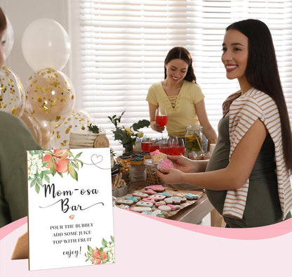 White Floral Peach Mom-osa Bar Sign for Baby Shower, 1 Pack Wooden Sign with Stand Tabletop Decor, Baby Shower Drinks Table Sign, Baby Shower Decoration, Gender Neutral Party Supplies - LE09
