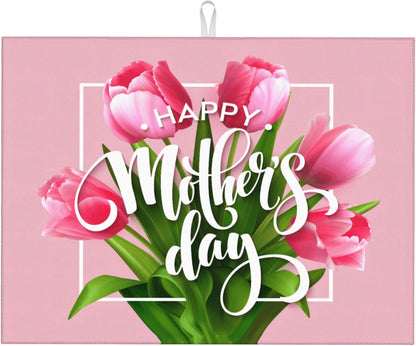 Happy Mothers Day Dish Drying Mat, Pink Tulip Dishes Pad Kitchen Accessories, Absorbent Microfiber Dish Drainer Mat Protector for Kitchen Counter 18 x 24 Inches