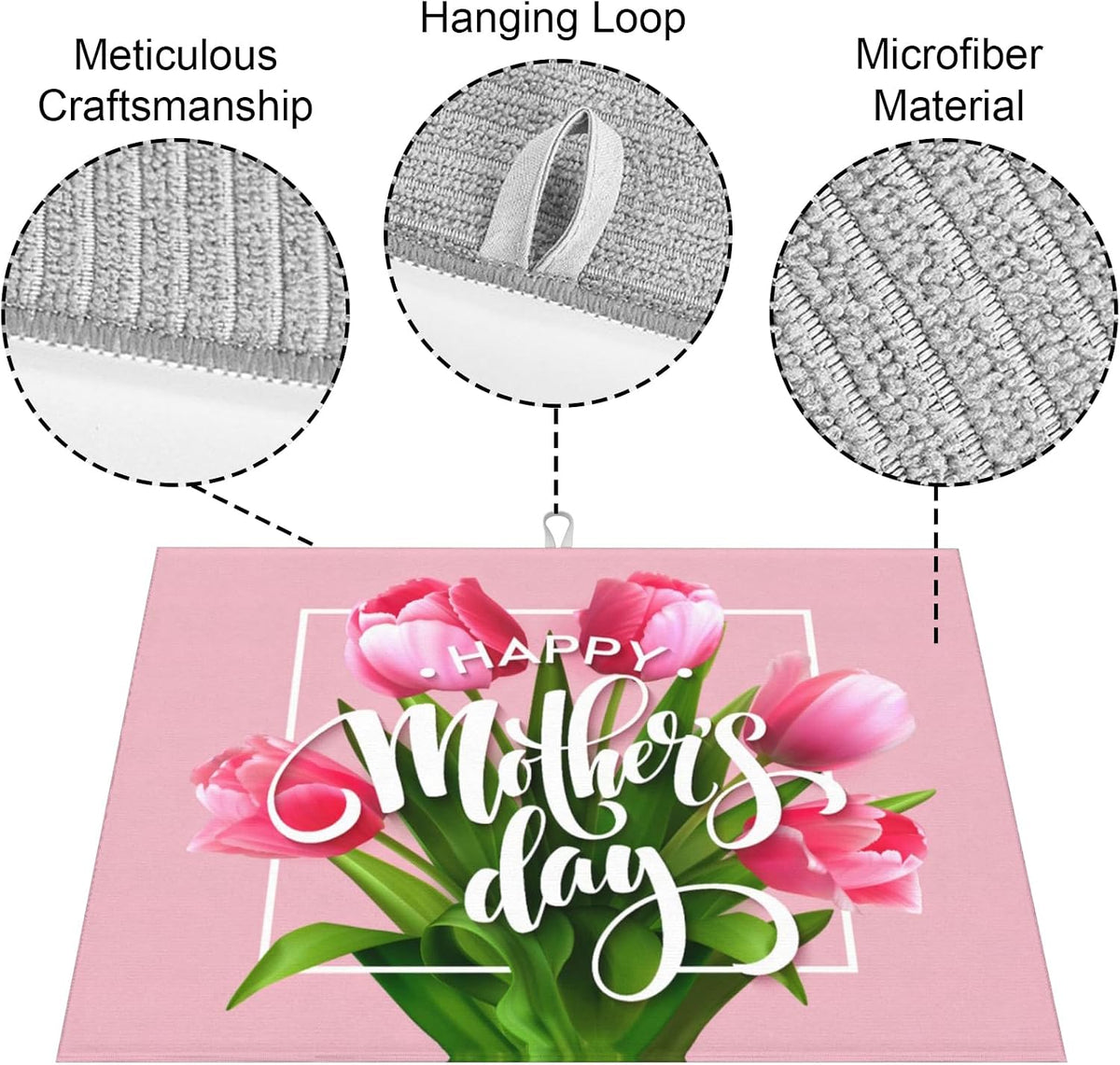 Happy Mothers Day Dish Drying Mat, Pink Tulip Dishes Pad Kitchen Accessories, Absorbent Microfiber Dish Drainer Mat Protector for Kitchen Counter 18 x 24 Inches