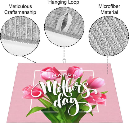 Happy Mothers Day Dish Drying Mat, Pink Tulip Dishes Pad Kitchen Accessories, Absorbent Microfiber Dish Drainer Mat Protector for Kitchen Counter 18 x 24 Inches