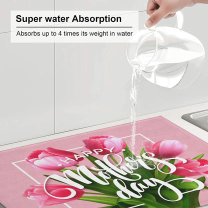 Happy Mothers Day Dish Drying Mat, Pink Tulip Dishes Pad Kitchen Accessories, Absorbent Microfiber Dish Drainer Mat Protector for Kitchen Counter 18 x 24 Inches