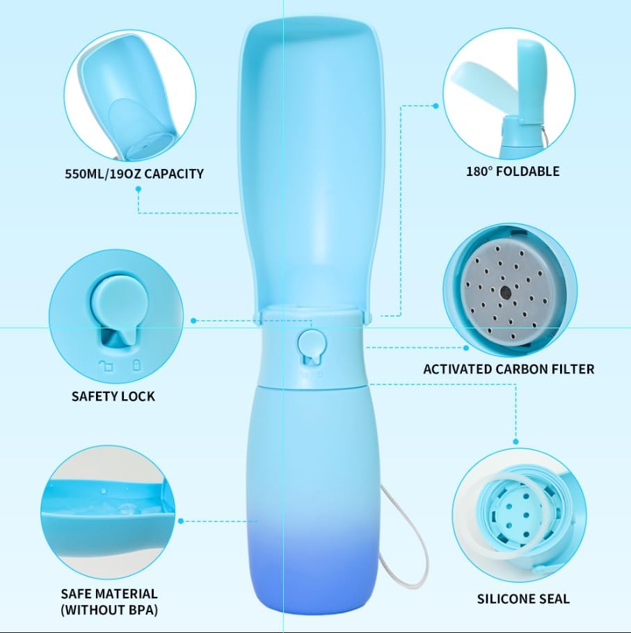 Dog Water Bottle, Travel Puppy Water Bowl, Leak Proof Portable Puppy Water Dispenser, Foldable Dog Water Bottle for for Pets Outdoor Walking, Hiking, Travel, Food Grade Plastic - 19oz Blue
