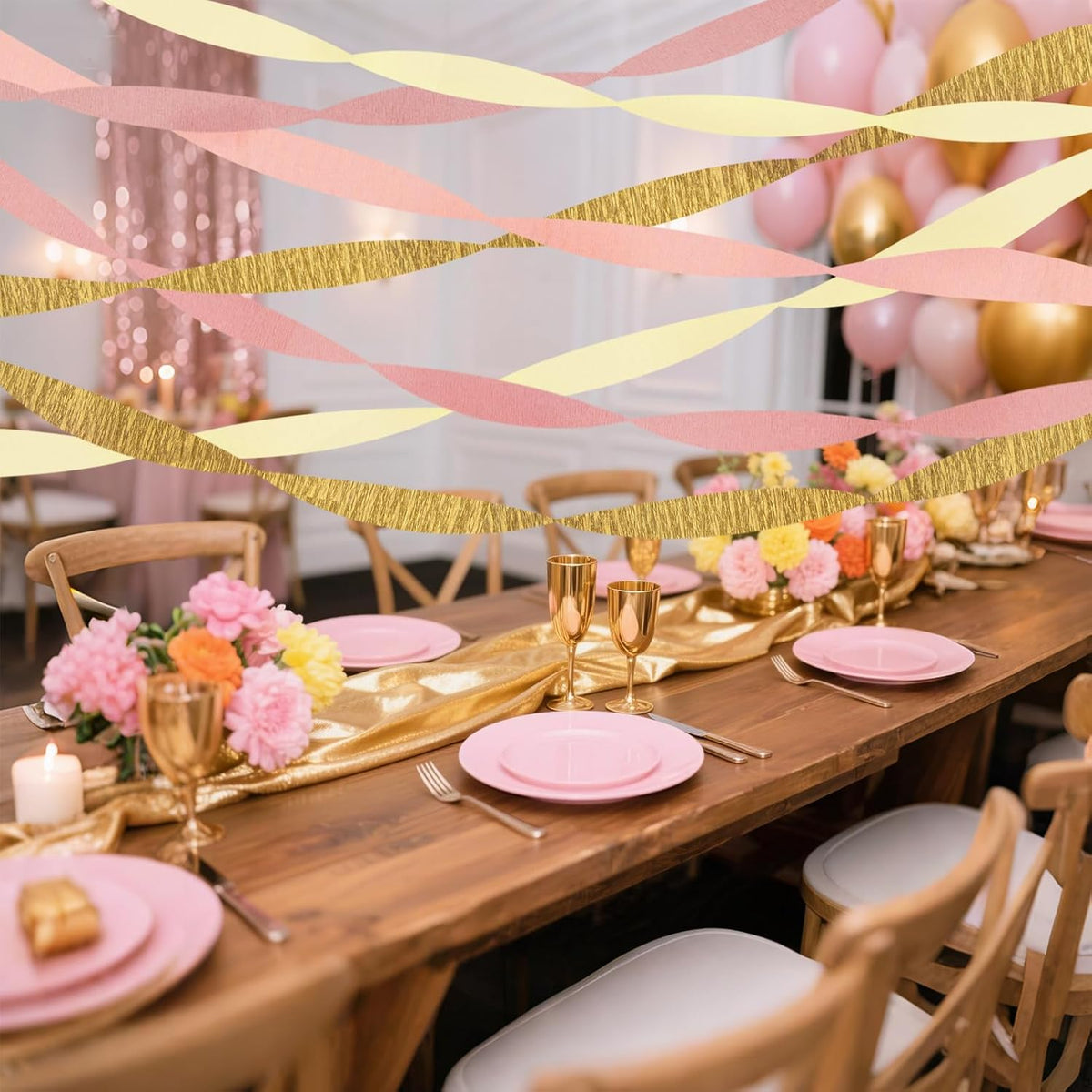 Streamers Party Decorations,8 Rolls Pink Gold Crepe Paper Streamers for Wedding, Birthday, Bachelorette, Bridal Showerand Baby Shower Girl
