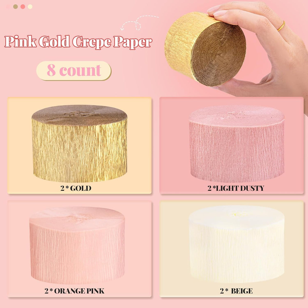 Streamers Party Decorations,8 Rolls Pink Gold Crepe Paper Streamers for Wedding, Birthday, Bachelorette, Bridal Showerand Baby Shower Girl