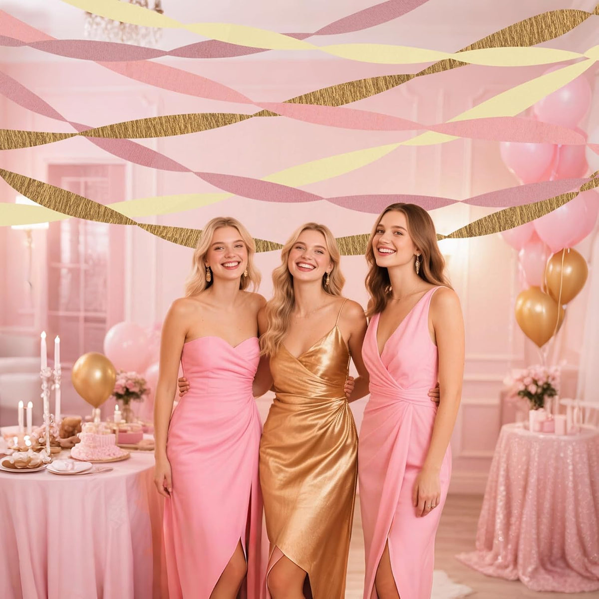 Streamers Party Decorations,8 Rolls Pink Gold Crepe Paper Streamers for Wedding, Birthday, Bachelorette, Bridal Showerand Baby Shower Girl