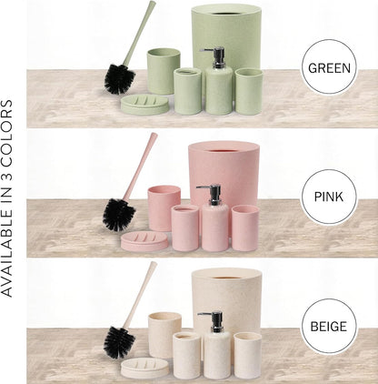 Bathroom Accessories Set 6 Piece Wheat Straw Bath Ensemble,Pink