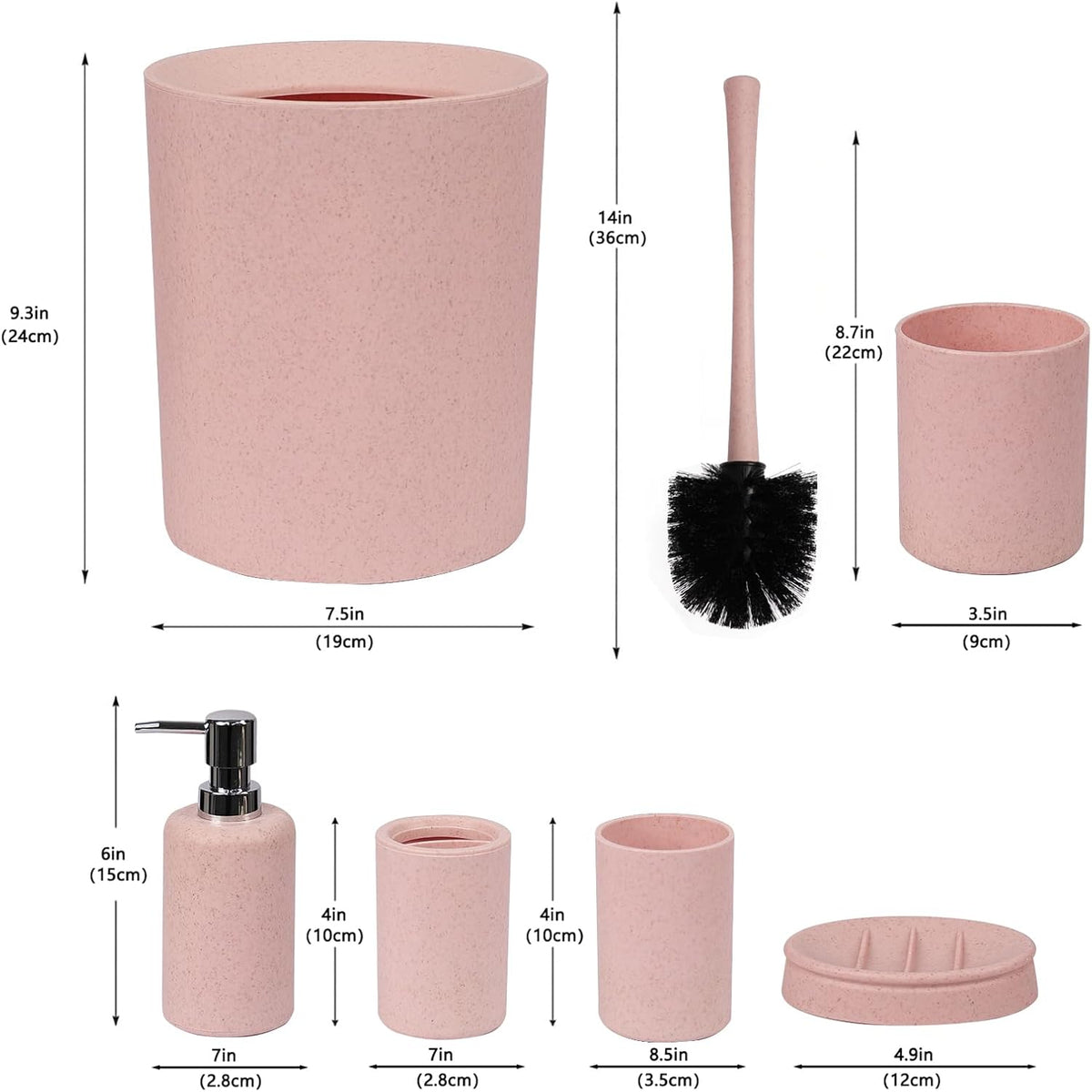 Bathroom Accessories Set 6 Piece Wheat Straw Bath Ensemble,Pink