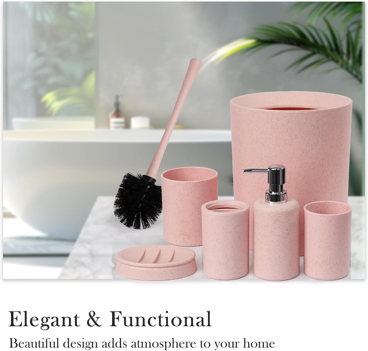Bathroom Accessories Set 6 Piece Wheat Straw Bath Ensemble,Pink