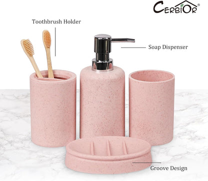 Bathroom Accessories Set 6 Piece Wheat Straw Bath Ensemble,Pink