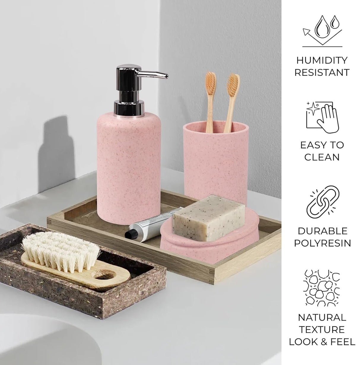 Bathroom Accessories Set 6 Piece Wheat Straw Bath Ensemble,Pink