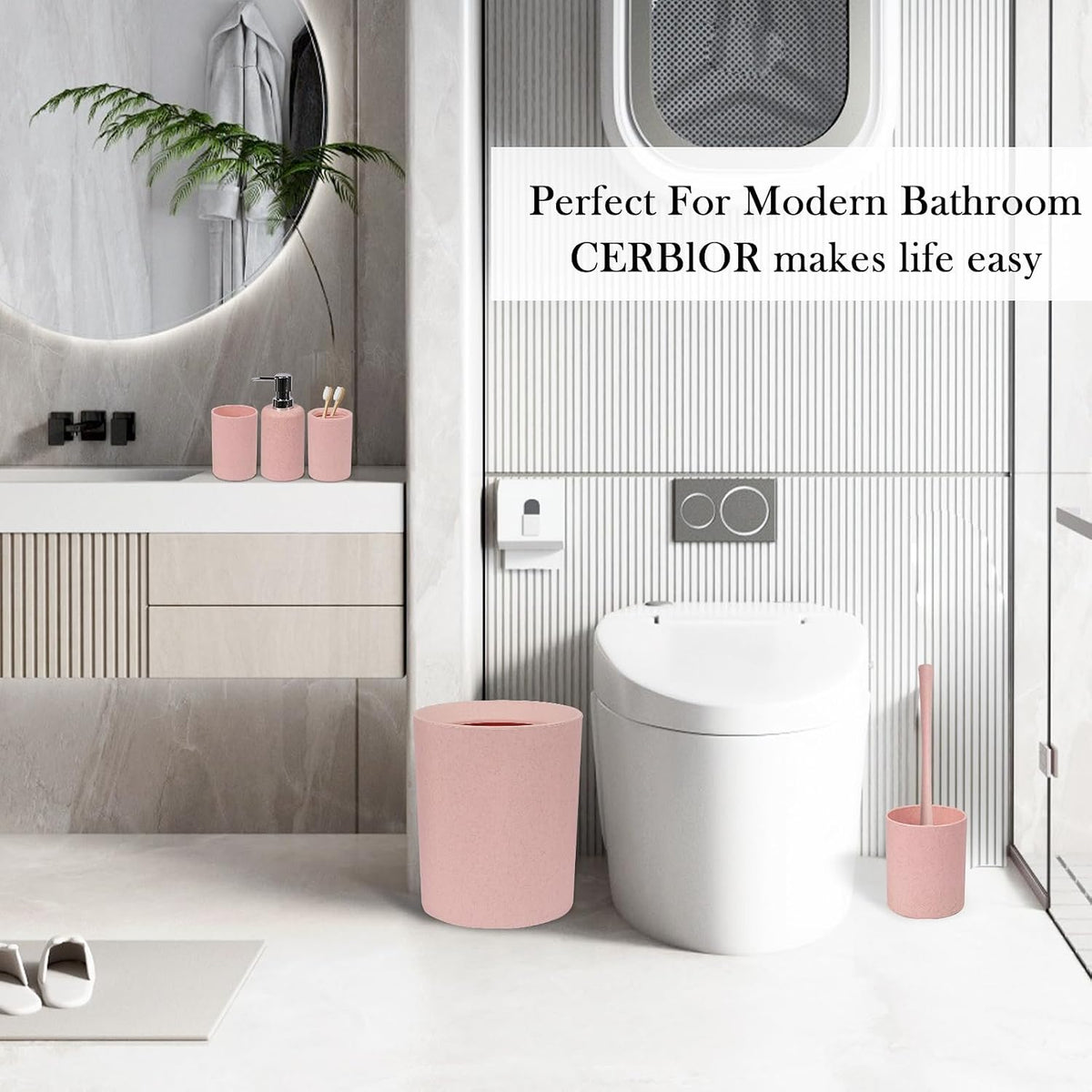 Bathroom Accessories Set 6 Piece Wheat Straw Bath Ensemble,Pink