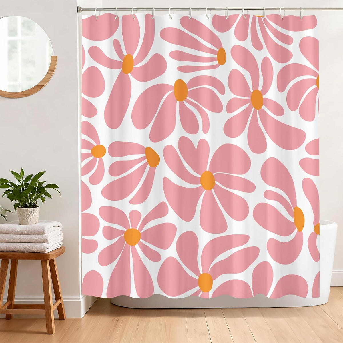 Boho Pink Shower Curtain Set, Modern Aesthetic Decor 72x72 inches