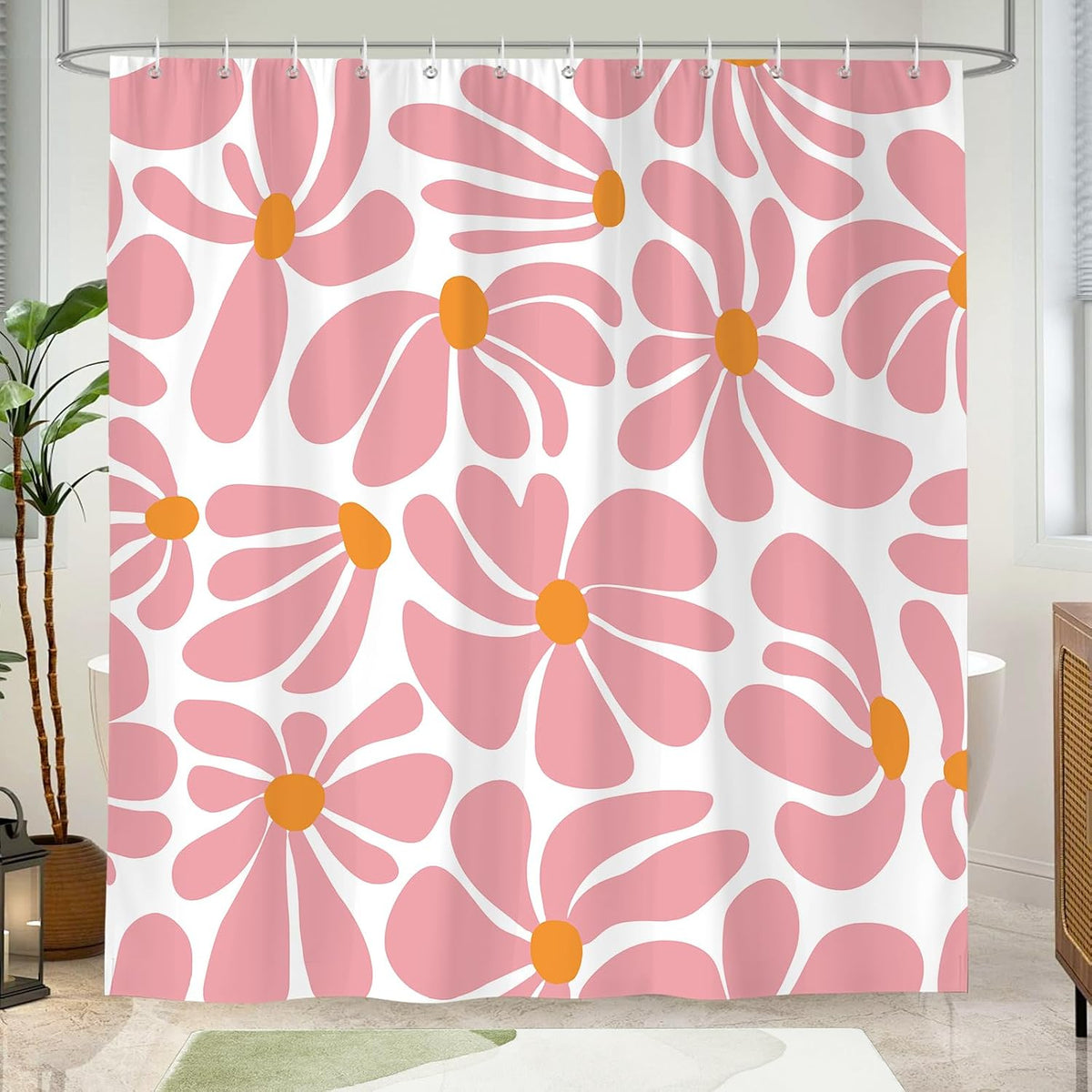 Boho Pink Shower Curtain Set, Modern Aesthetic Decor 72x72 inches