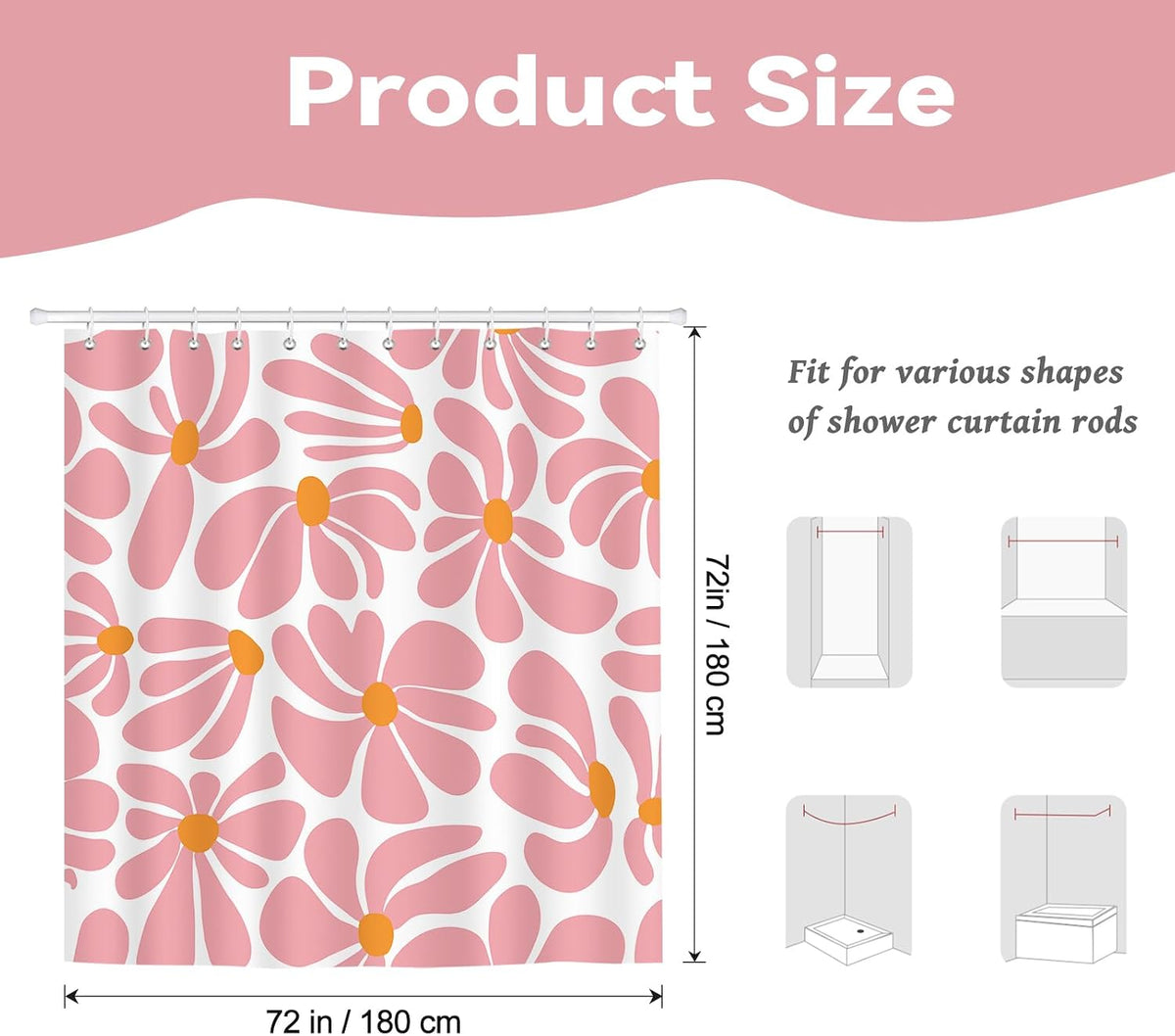 Boho Pink Shower Curtain Set, Modern Aesthetic Decor 72x72 inches