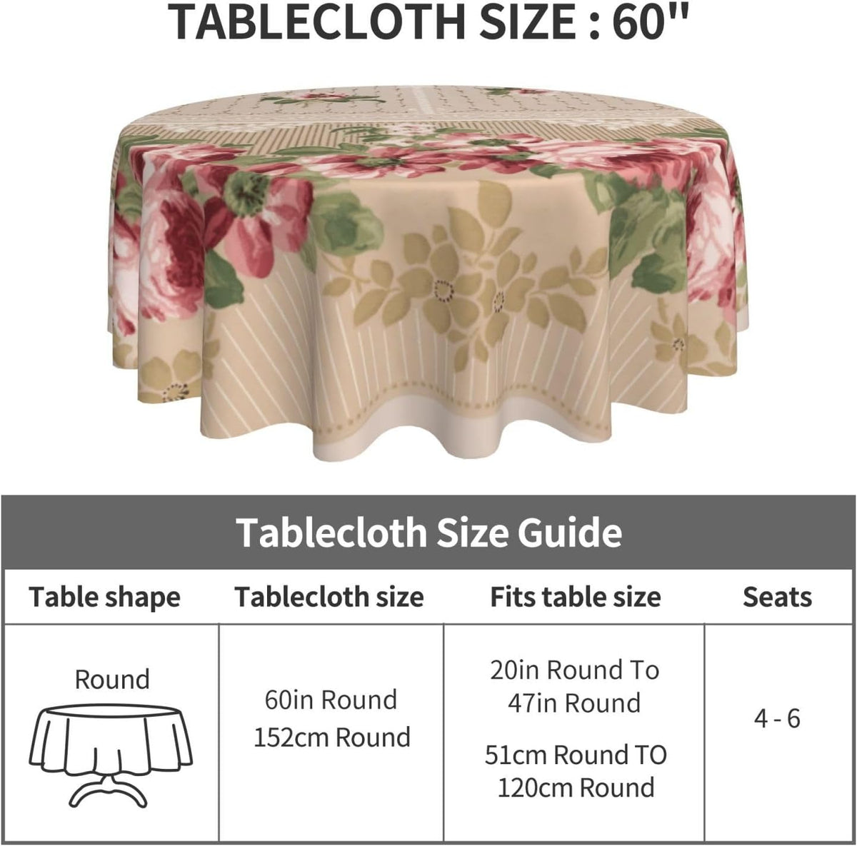 Romantic Victorian Pink Floral Round Tablecloths 60 Inch Decorative Washable Fabric Table Covers for Dining Kitchen Party Outdoor