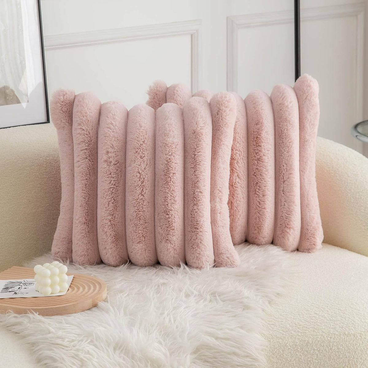 Pink Faux Fur Cozy Soft Striped Decorative Throw Pillow Covers 18x18 inch Set of 2,Velvet Pillowcase Cushion Case for Sofa Couch