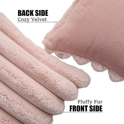 Pink Faux Fur Cozy Soft Striped Decorative Throw Pillow Covers 18x18 inch Set of 2,Velvet Pillowcase Cushion Case for Sofa Couch