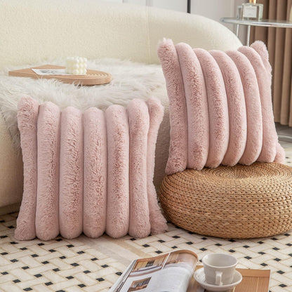 Pink Faux Fur Cozy Soft Striped Decorative Throw Pillow Covers 18x18 inch Set of 2,Velvet Pillowcase Cushion Case for Sofa Couch