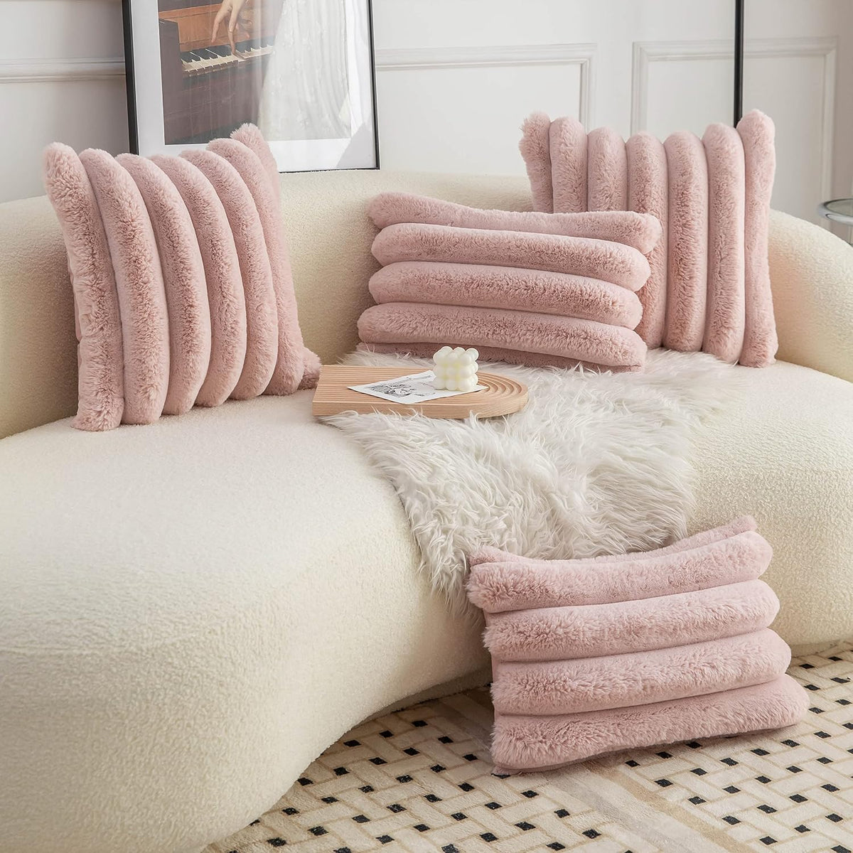 Pink Faux Fur Cozy Soft Striped Decorative Throw Pillow Covers 18x18 inch Set of 2,Velvet Pillowcase Cushion Case for Sofa Couch