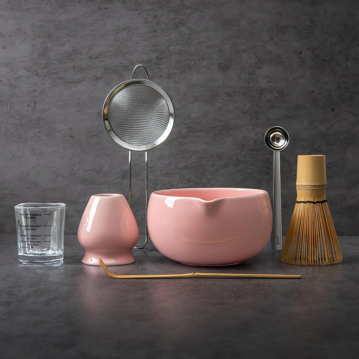 Matcha Whisk Set Pink, Handcrafted Bamboo Chasen & Ceramic Bowl Matcha Kit, Holder, Stainless Steel Sifter, Scoop Measuring Spoon & Cup Tools for Matcha Tea Ceremony