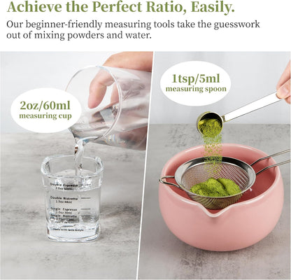 Matcha Whisk Set Pink, Handcrafted Bamboo Chasen & Ceramic Bowl Matcha Kit, Holder, Stainless Steel Sifter, Scoop Measuring Spoon & Cup Tools for Matcha Tea Ceremony