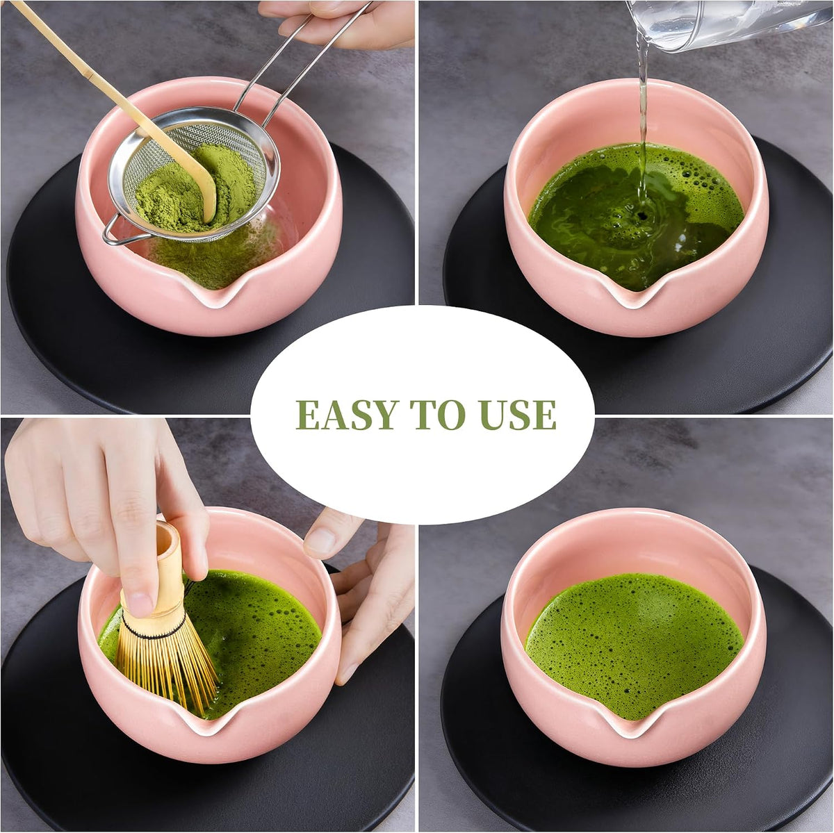 Matcha Whisk Set Pink, Handcrafted Bamboo Chasen & Ceramic Bowl Matcha Kit, Holder, Stainless Steel Sifter, Scoop Measuring Spoon & Cup Tools for Matcha Tea Ceremony
