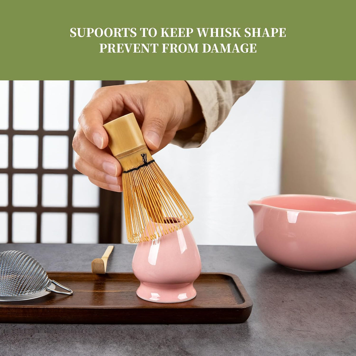 Matcha Whisk Set Pink, Handcrafted Bamboo Chasen & Ceramic Bowl Matcha Kit, Holder, Stainless Steel Sifter, Scoop Measuring Spoon & Cup Tools for Matcha Tea Ceremony