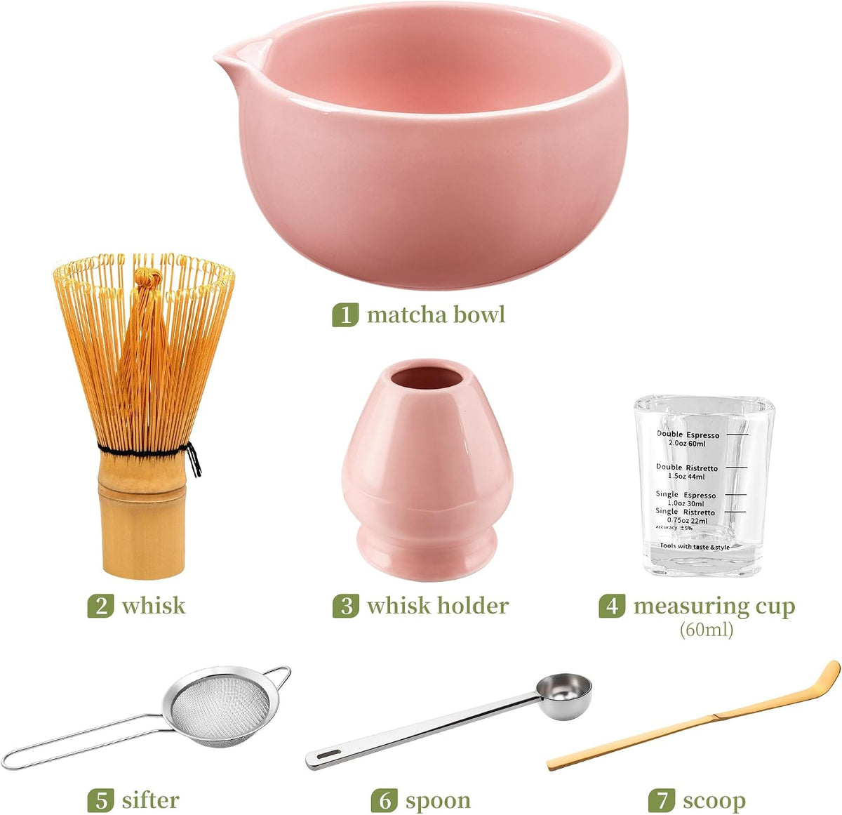 Matcha Whisk Set Pink, Handcrafted Bamboo Chasen & Ceramic Bowl Matcha Kit, Holder, Stainless Steel Sifter, Scoop Measuring Spoon & Cup Tools for Matcha Tea Ceremony