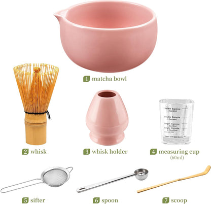 Matcha Whisk Set Pink, Handcrafted Bamboo Chasen & Ceramic Bowl Matcha Kit, Holder, Stainless Steel Sifter, Scoop Measuring Spoon & Cup Tools for Matcha Tea Ceremony