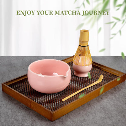 Matcha Whisk Set Pink, Handcrafted Bamboo Chasen & Ceramic Bowl Matcha Kit, Holder, Stainless Steel Sifter, Scoop Measuring Spoon & Cup Tools for Matcha Tea Ceremony