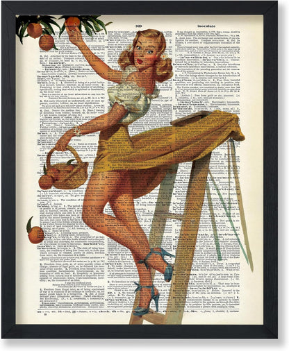 Dictionary Art Poster - Retro Pin-Up Girl Print - Picking Peaches Art - Gift for Her, Women - Classic Wall Decor for Kitchen, Restaurant, Bedroom, Office - 8x10 UNFRAMED Wall Art