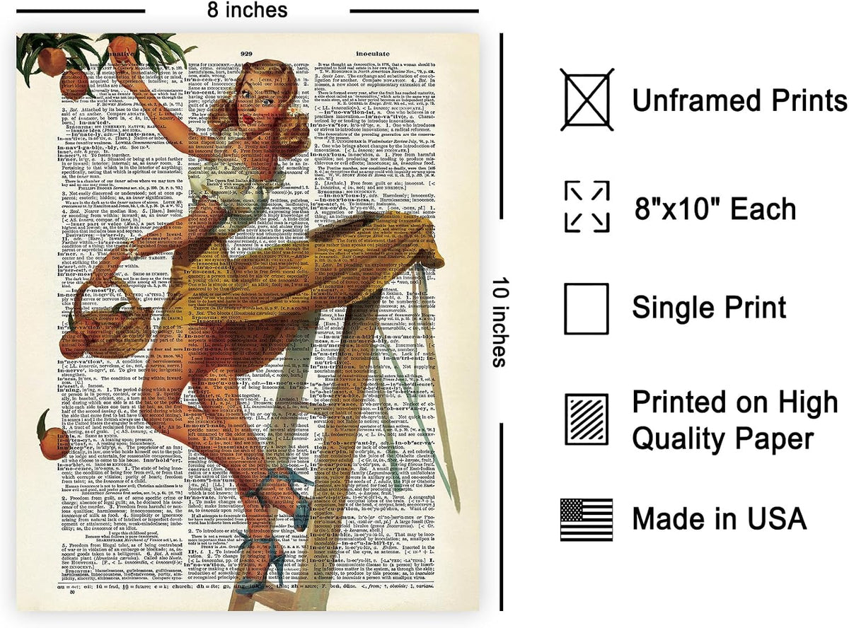 Dictionary Art Poster - Retro Pin-Up Girl Print - Picking Peaches Art - Gift for Her, Women - Classic Wall Decor for Kitchen, Restaurant, Bedroom, Office - 8x10 UNFRAMED Wall Art