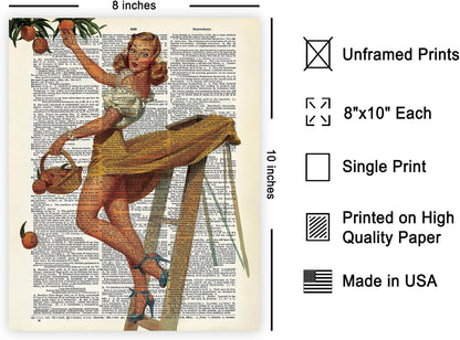 Dictionary Art Poster - Retro Pin-Up Girl Print - Picking Peaches Art - Gift for Her, Women - Classic Wall Decor for Kitchen, Restaurant, Bedroom, Office - 8x10 UNFRAMED Wall Art
