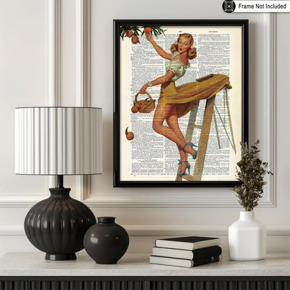 Dictionary Art Poster - Retro Pin-Up Girl Print - Picking Peaches Art - Gift for Her, Women - Classic Wall Decor for Kitchen, Restaurant, Bedroom, Office - 8x10 UNFRAMED Wall Art